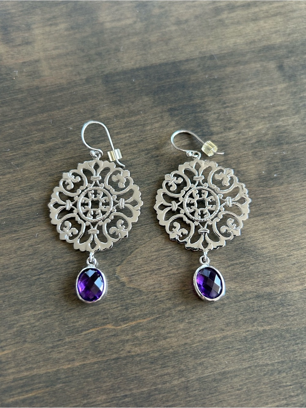 Ross-Simons Silver Filigree Earrings with Purple Gemstones